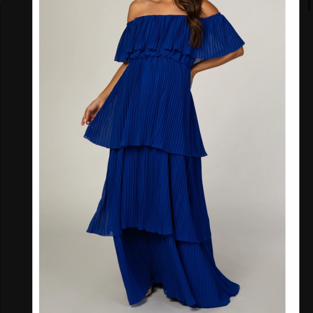 Royal Blue Pleated Tiered Maternity Maxi Dress